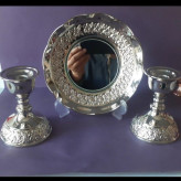 آینه و شمعدان مسی رز کروم گل برجسته قطر اینه کالا 21 ارتفاع شعمدان 12 و نیم در مس زنجان نمونه