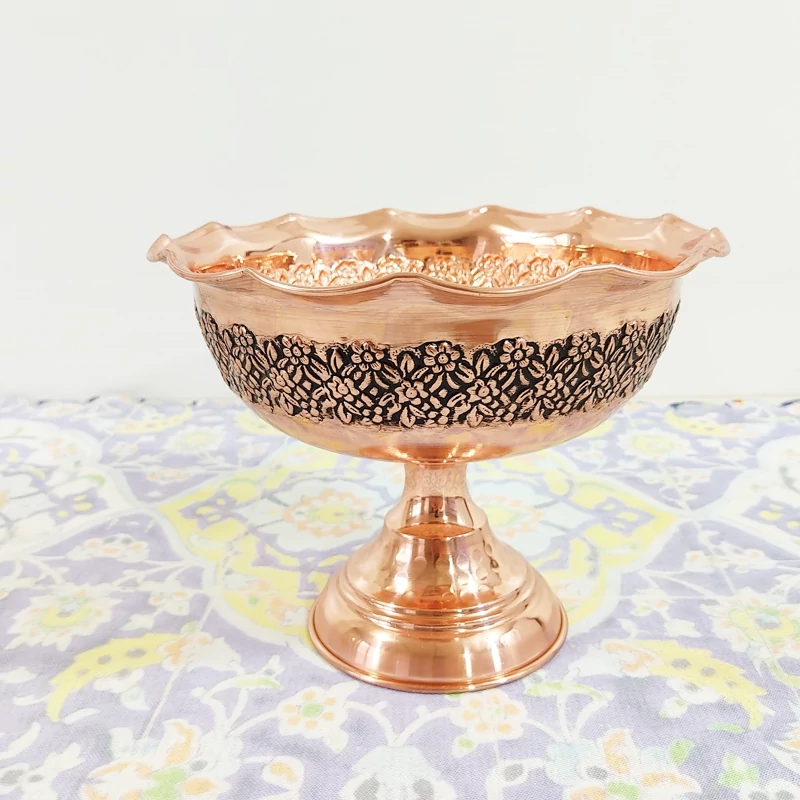 آجیل خوری مسی تک پایه طرح برجسته ریز گل قطر 20