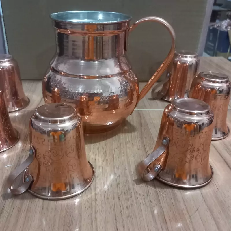 پارچ و لیوان مسی  زنجان (شش عدد لیوان) رنگ ثابت