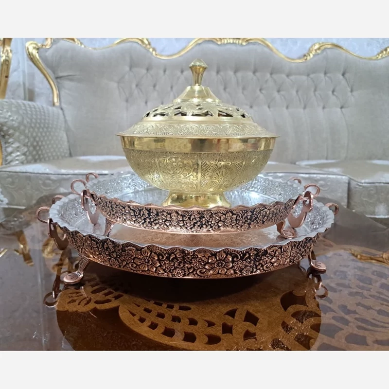 دیس گرد مسی پایه دار سایز 4  قطر 38 گلبرگ پایه دار مناسب پلوخوری و مرغ خوری