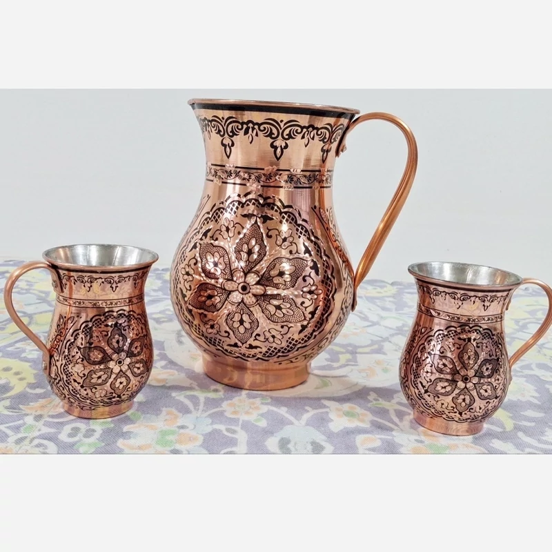 پارچ الماس تراش و شش عدد لیوان تراش تمام مسی زنجان رنگ ثابت ارسال رایگان