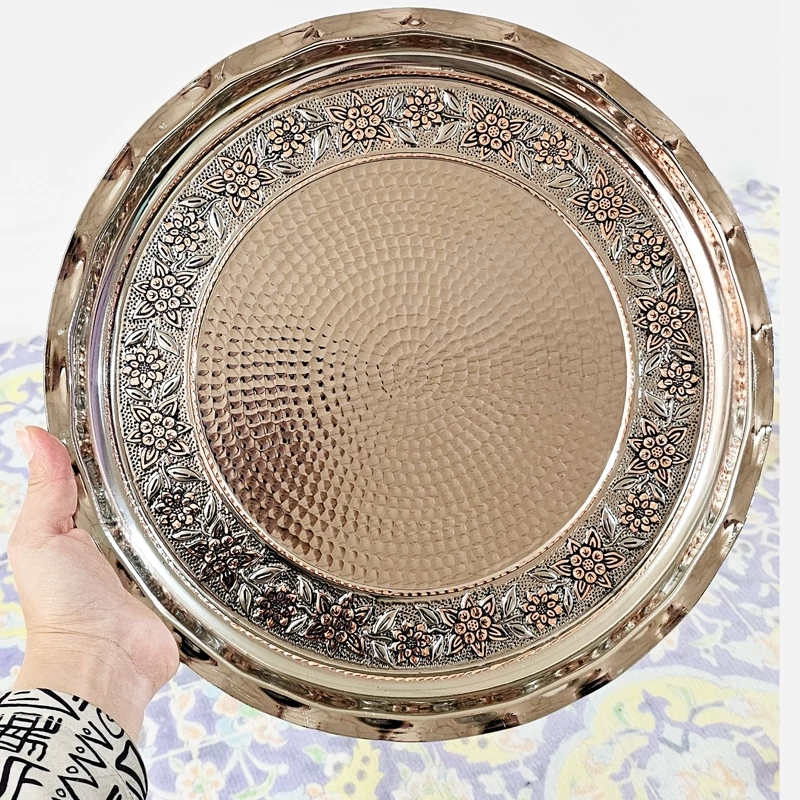 سینی مسی کروم شده تراش گل برجسته دو رنگ قطر 38