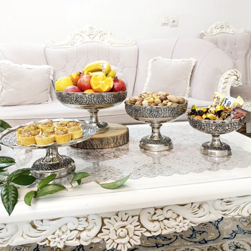 سرویس پذیرایی مسی کروم دست ساز سیاه قلم گل برجسته 4 تیکه
