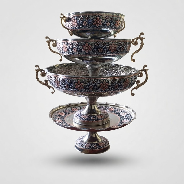 سرویس پذیرایی مسی کروم تراش ۴ تیکه سلطنتی دسته دار